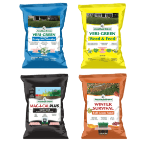 The Annual Lawn Care Program for Acidic Soil includes four bags: Crabgrass Preventer, Weed & Feed, Mag-I-Cal Plus Soil Food, and Winter Survival Fall Lawn Food.
