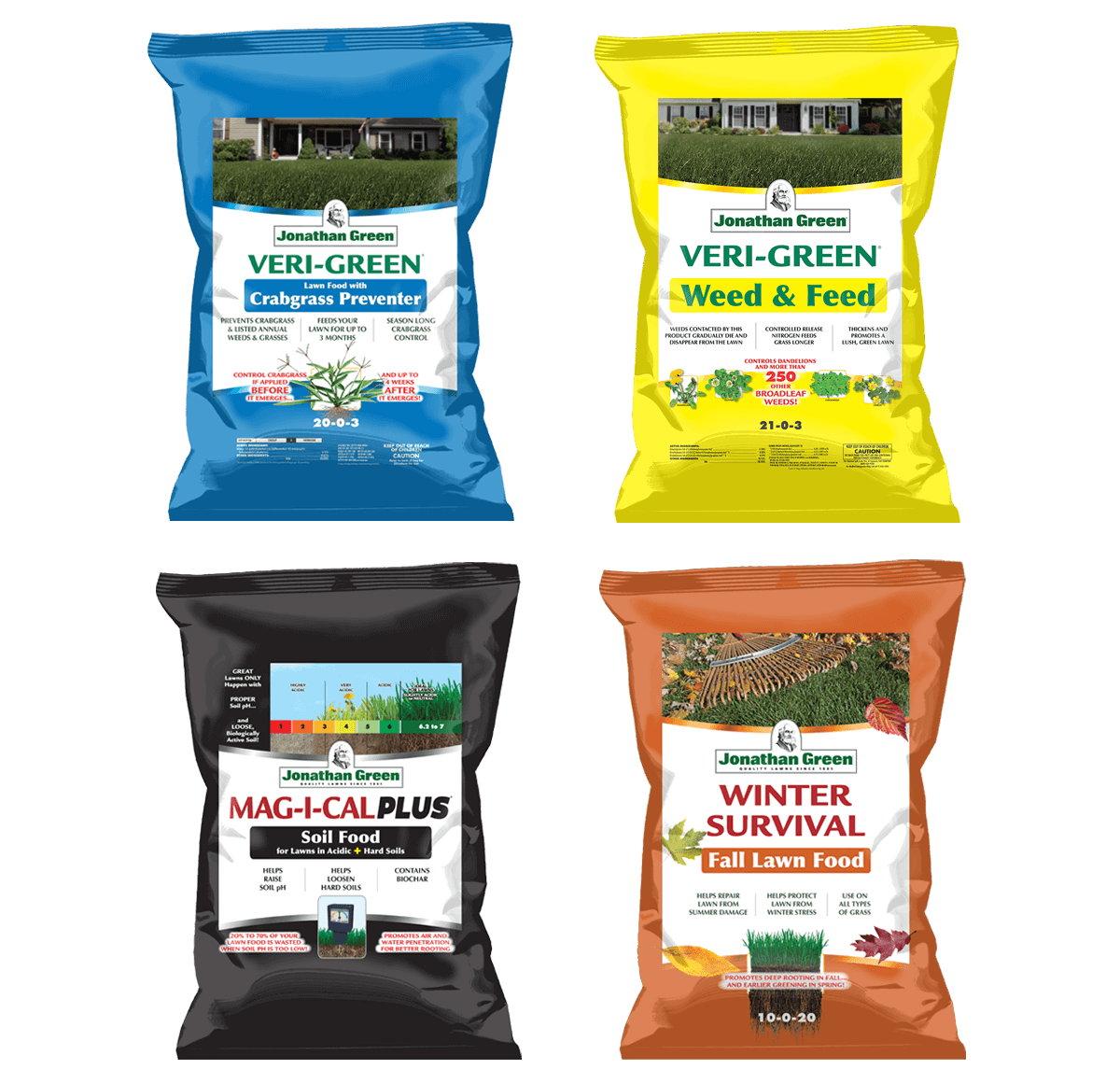 The Annual Lawn Care Program for Acidic Soil includes four bags: Crabgrass Preventer, Weed & Feed, Mag-I-Cal Plus Soil Food, and Winter Survival Fall Lawn Food.