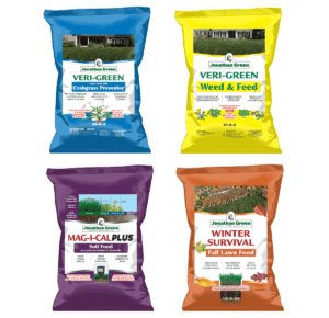 The Jonathan Green Annual Lawn Care Program for Alkaline Soil includes four vibrantly packaged bags: Crabgrass Preventer, Weed & Feed, MAG-I-CAL Plus Soil Food, and Winter Survival Fall Lawn Food.