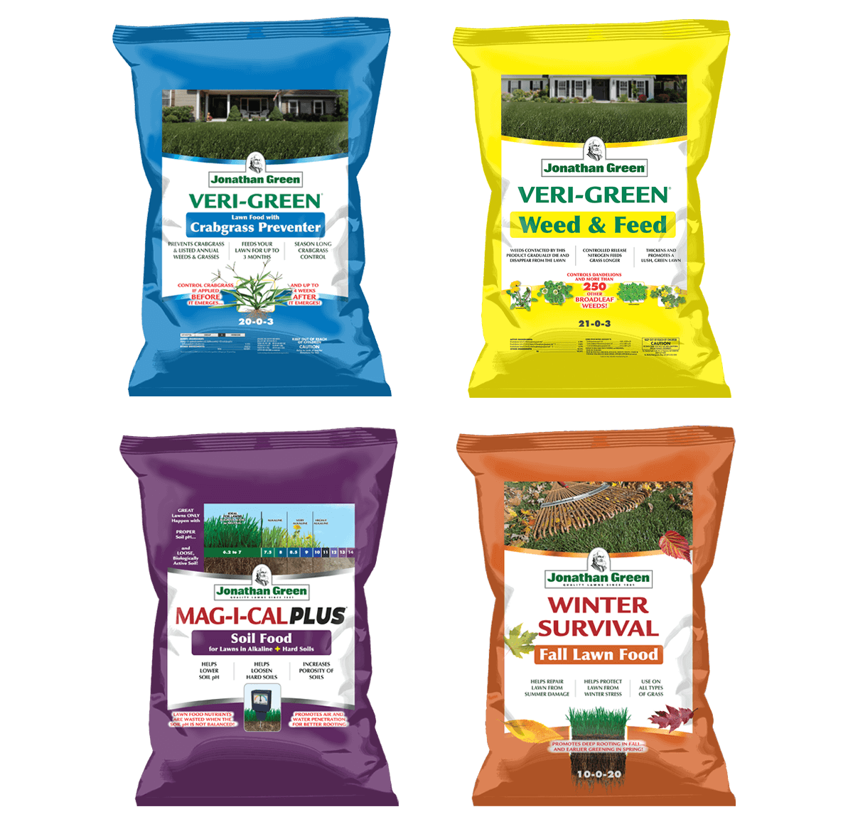 The Jonathan Green Annual Lawn Care Program for Alkaline Soil includes four vibrantly packaged bags: Crabgrass Preventer, Weed & Feed, MAG-I-CAL Plus Soil Food, and Winter Survival Fall Lawn Food.