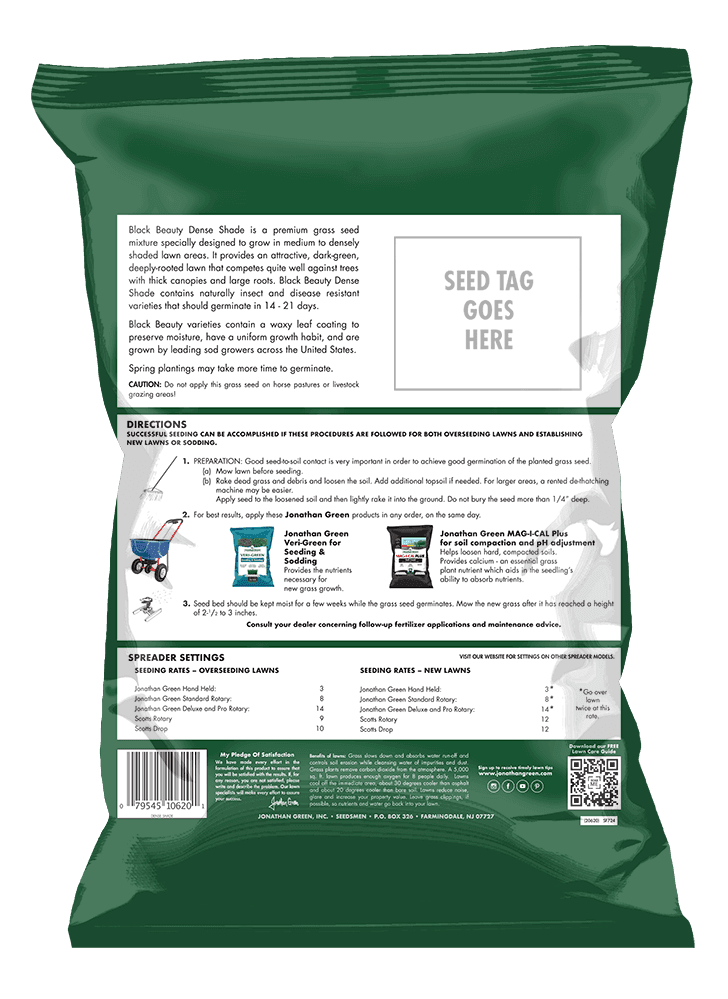 Back of a Black Beauty® Dense Shade Grass Seed bag showing planting instructions and spreader settings, with a designated space for a seed tag. The bag features images of different grass seed products, including shade tolerant grass seed, and a QR code.