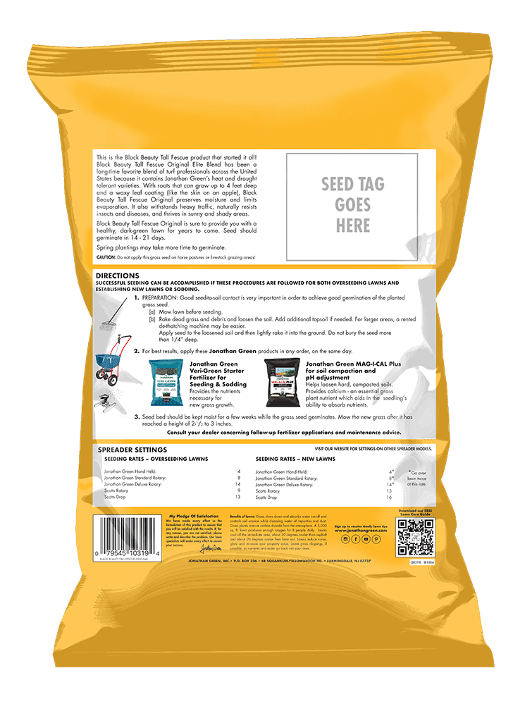The back of a yellow bag with Black Beauty® Original Tall Fescue Blend grass seed includes directions, detailed product info, and spreader settings, along with images of two product containers for easy reference.