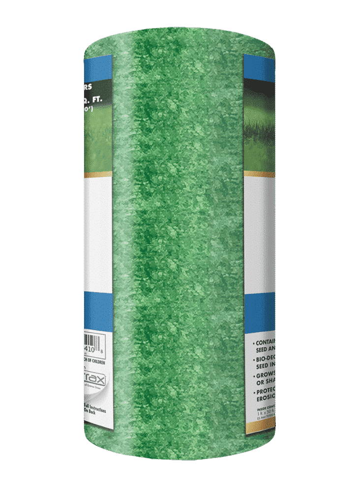 A cylindrical roll of Black Beauty® Biodegradable Grass Seed Roll with packaging labels on either side.