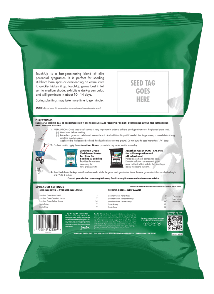 The back of the Touch-Up™ TRI-RYE Perennial Ryegrass bag features instructions, spreader settings, and product details in a green and white design, showcasing its premium blend of perennial ryegrass seed.