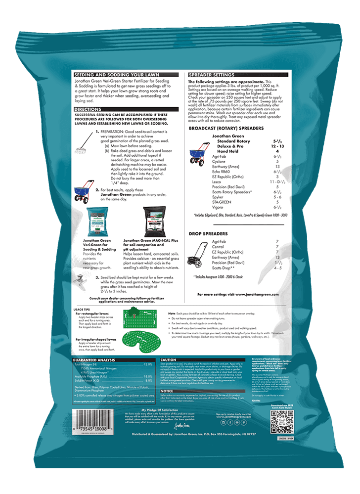 Back view of a Veri-Green Starter Fertilizer for Seeding & Sodding bag detailing instructions on feeding and seeding lawns, spreader settings, broadcast rotary spreaders, drop spreaders, and product analysis.