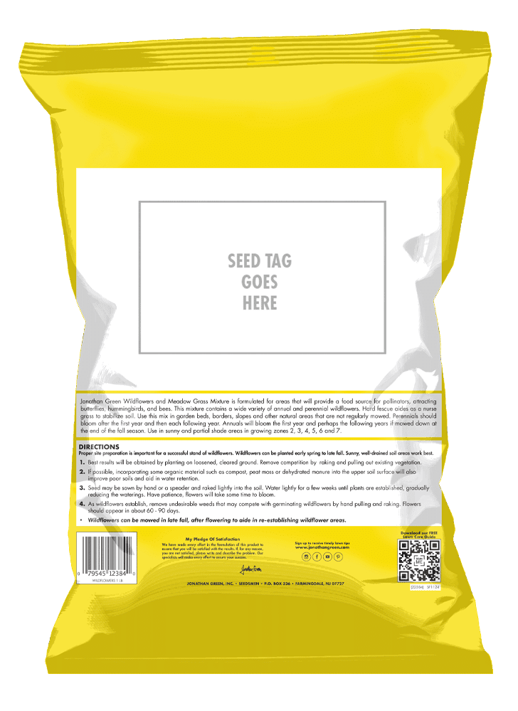 Back of a yellow bag featuring a label for "Wildflower and Meadow Grass Mix," including directions, ingredients, and a QR code.