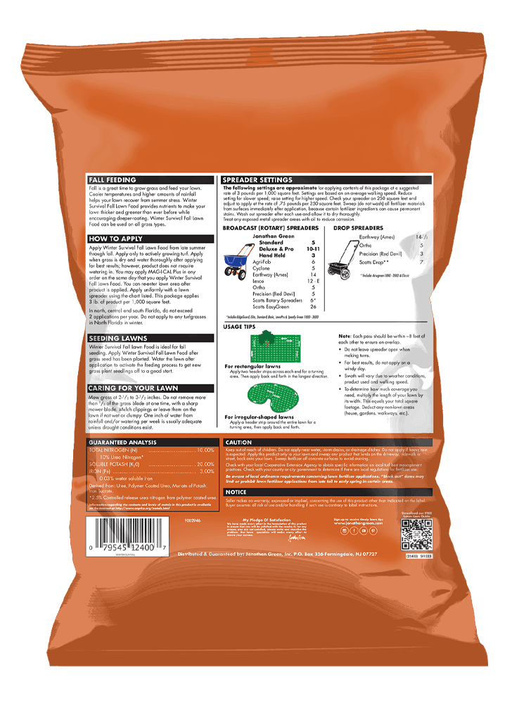 Back view of a sealed Winter Survival Fall Lawn Fertilizer bag featuring application instructions, usage charts, and a barcode.