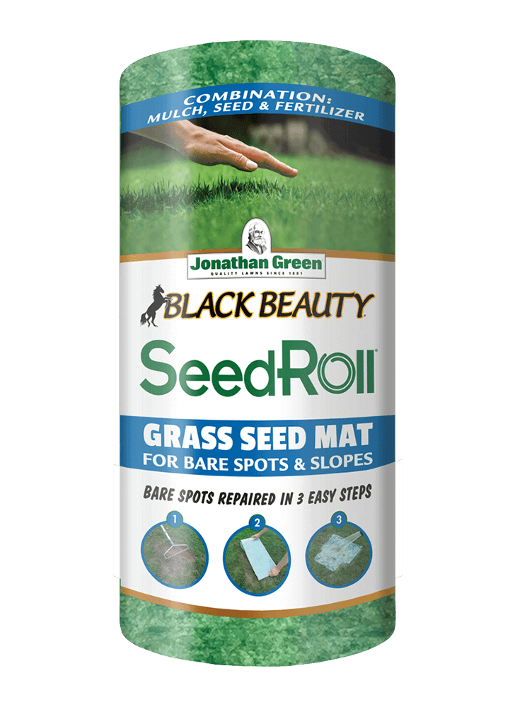 A cylindrical package of Black Beauty® Biodegradable Grass Seed Roll, featuring a grass seed mat that combines mulch, seed, and fertilizer for repairing bare lawn spots and slopes in three easy steps.