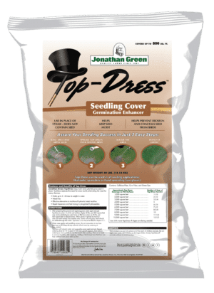 A bag of Top Dress™ Seedling Cover and Growth Accelerator is ideal for use as a grass seed cover. The packaging emphasizes benefits such as moisture retention and weed prevention, along with detailed instructions and listed ingredients.