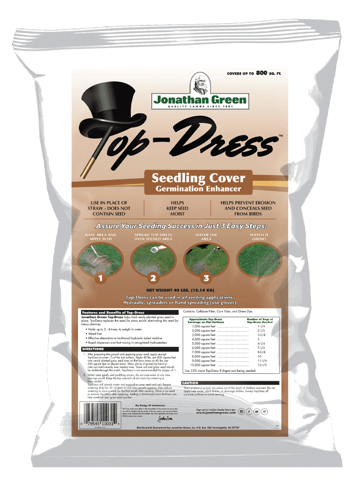 A bag of Top Dress™ Seedling Cover and Growth Accelerator is ideal for use as a grass seed cover. The packaging emphasizes benefits such as moisture retention and weed prevention, along with detailed instructions and listed ingredients.