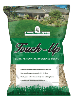Bag of "Touch-Up™ TRI-RYE Perennial Ryegrass" by Jonathan Green. Packaging details highlight fast germination, a rich dark-green color, and suitability for full sun to moderate shade.