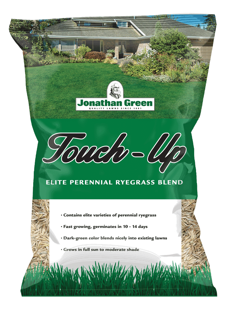 Bag of "Touch-Up™ TRI-RYE Perennial Ryegrass" by Jonathan Green. Packaging details highlight fast germination, a rich dark-green color, and suitability for full sun to moderate shade.