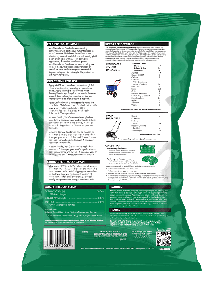 Back of the Veri-Green Nitrogen Rich Lawn Fertilizer bag shows application instructions, usage tips, and caution info. Features a chart for spreader settings and a guaranteed analysis section.
