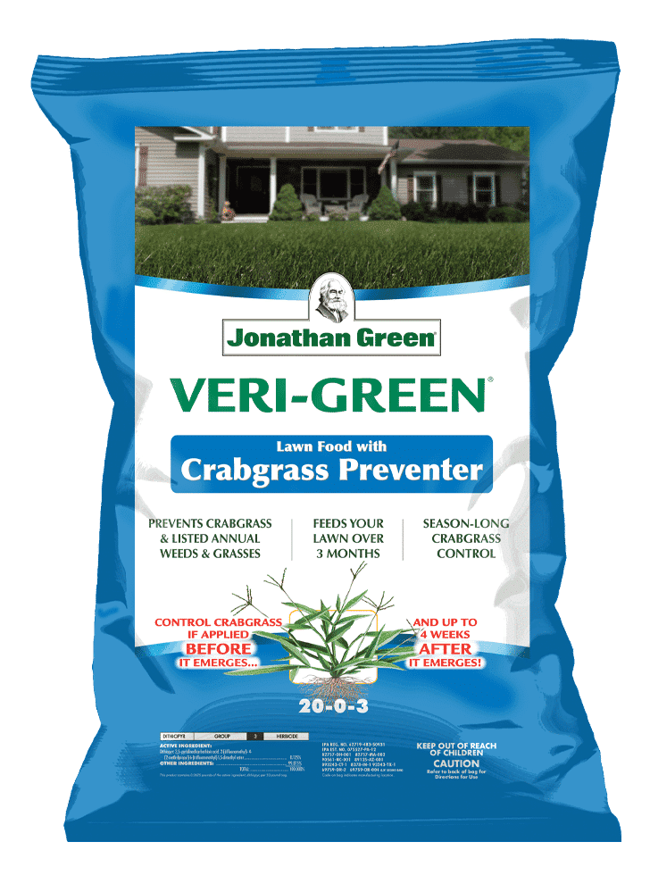 The Veri-Green Crabgrass Preventer plus Lawn Fertilizer by Jonathan Green offers a powerful crabgrass prevention while feeding your lawn for 3 months with its 20-0-3 formula, providing season-long control.