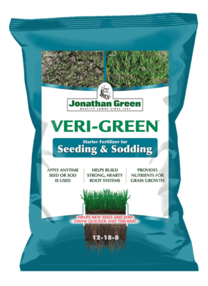 A bag of Veri-Green Starter Fertilizer for Seeding & Sodding. The packaging highlights its benefits, including aiding seed or sod growth, building strong root systems, and providing essential starter fertilizer nutrients.