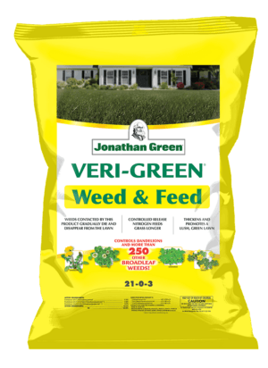 A yellow bag of Veri-Green Weed & Feed Lawn Fertilizer (21-0-3) with images of grass and weeds, highlighting key product benefits.