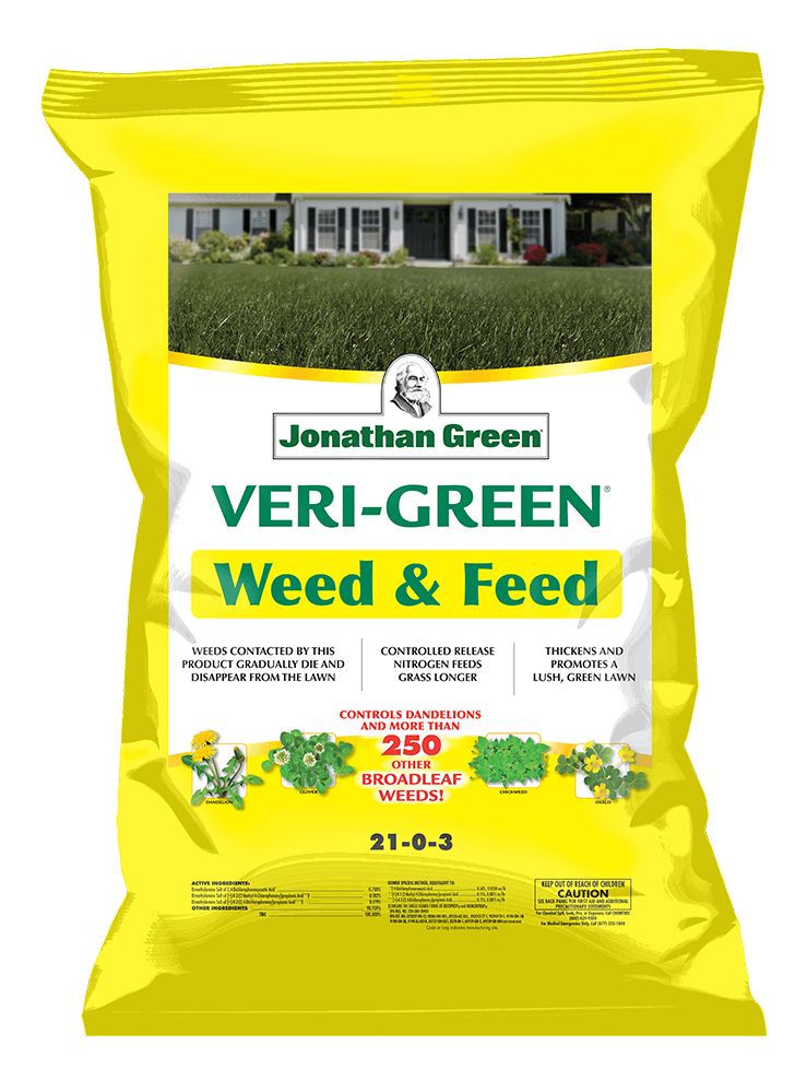 A yellow bag of Veri-Green Weed & Feed Lawn Fertilizer (21-0-3) with images of grass and weeds, highlighting key product benefits.