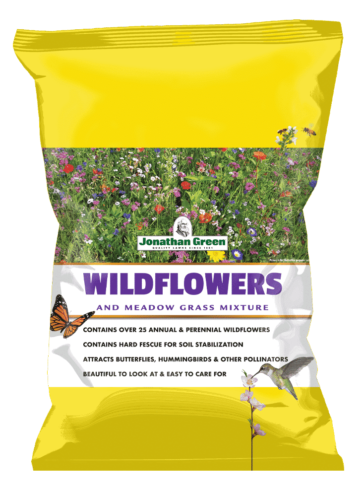 Yellow bag of Wildflower and Meadow Grass Mix by Jonathan Green, designed to attract pollinators and featuring over 25 plant varieties.