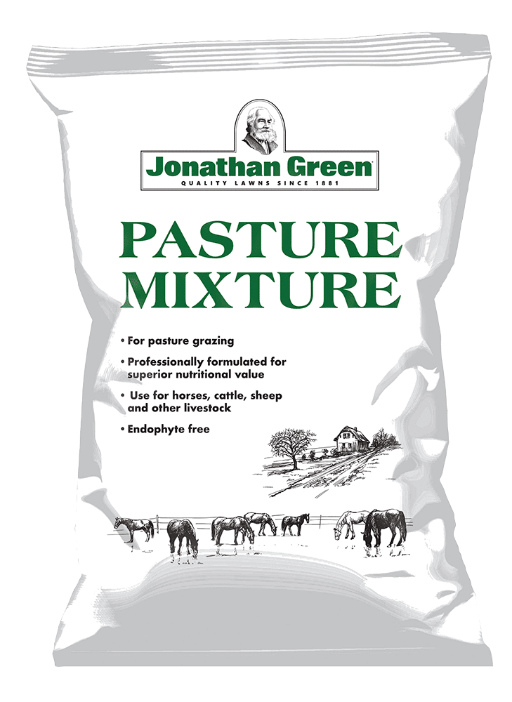 Bag of jonathan green pasture mixture grass seed for professional grazing, formulated for nutritional value for horses, sheep, and other livestock.
