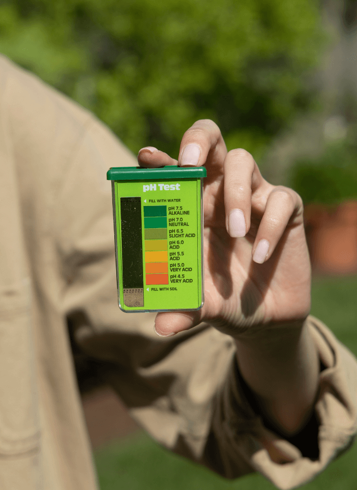 A person holding a Soil pH Test Kit for Lawns with a color chart, outdoors in a garden setting.