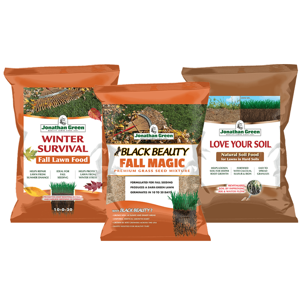 Three bags of Fall Lawn Care Bundle, including Winter Survival Fall Lawn Food, Black Beauty Grass Seed Mix, and Love Your Soil Natural Soil Food.