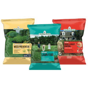 Product Name: Corn Gluten Weed Preventer, Organic Lawn Food, and Natural Bug & Insect Control Bundle: Three bags of Jonathan Green products, each featuring images of people on a lawn.