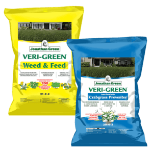 The Lawn Fertilizer and Weed Control Bundle includes two Jonathan Green Veri-Green bags: yellow Weed & Feed (fertilizer and weed control) and blue (crabgrass preventer).