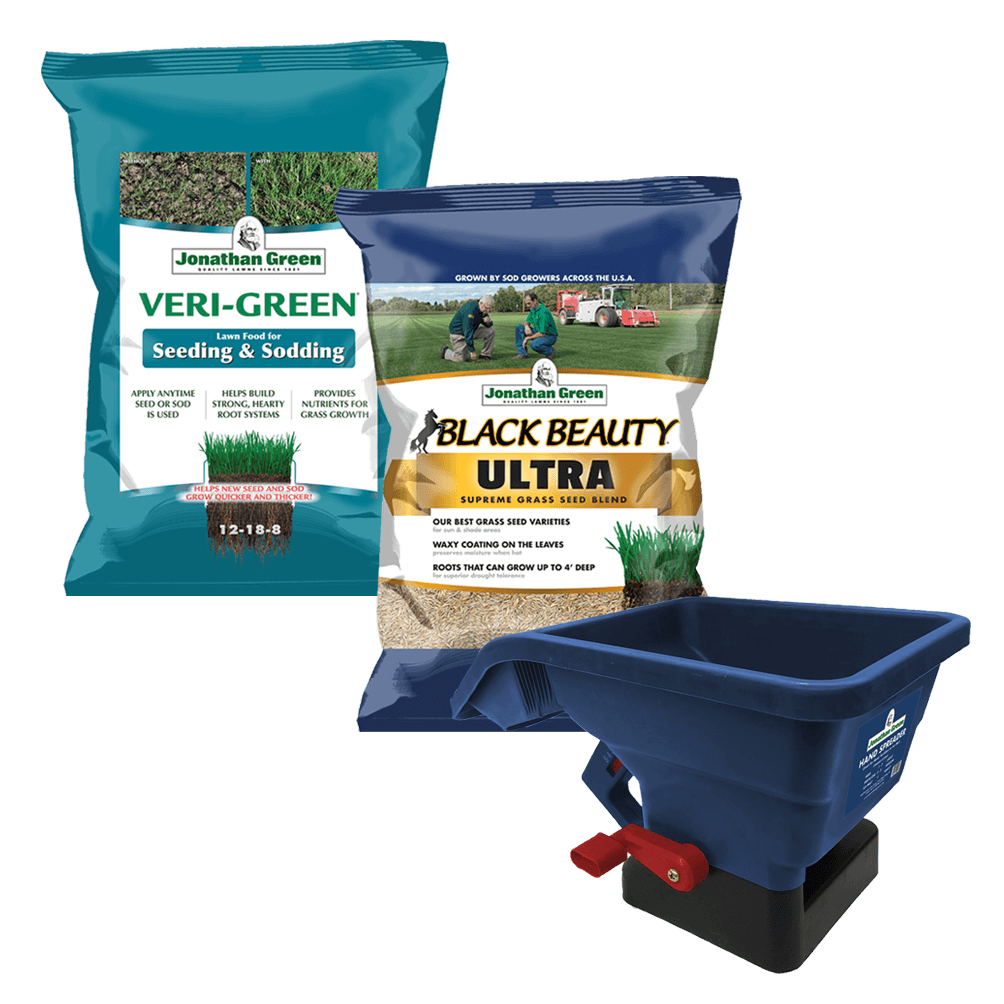 Two bags of Jonathan Green Veri-Green grass seed and Black Beauty Ultra grass seed and a blue broadcast spreader comprise a Small Lawn Starter Kit on a white background.