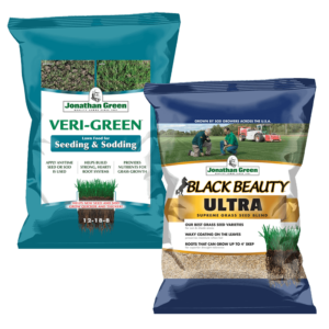 Sentence with product name: Two bags of Greenview Fairway Formula Seed Success Grass Seed & Fertilizer Bundle, one labeled "Veri-Green" and the other "Black Beauty Supreme," displayed on a transparent background.