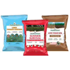 Three bags of Jonathan Green lawn care products: Lawn Fungus Control, Summer Survival, and Love Your Soil, displayed against a transparent background as part of the Summer Lawn Care Bundle.