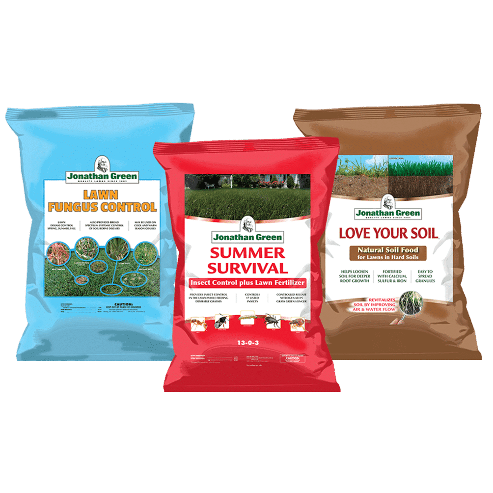 Three bags of Jonathan Green lawn care products: Lawn Fungus Control, Summer Survival, and Love Your Soil, displayed against a transparent background as part of the Summer Lawn Care Bundle.