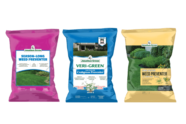 Three bags of Jonathan Green lawn care products: Season-Long Weed Preventer, Veri-Green Crabgrass Preventer, and Crabgrass & Weed Preventer.