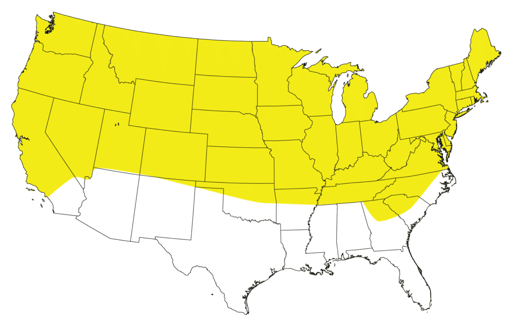 Map of the United States showing states in two colors, yellow and white, with no state names or borders emphasized.