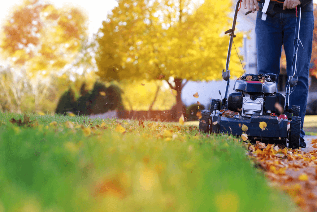 person pushing lawn mower in fall