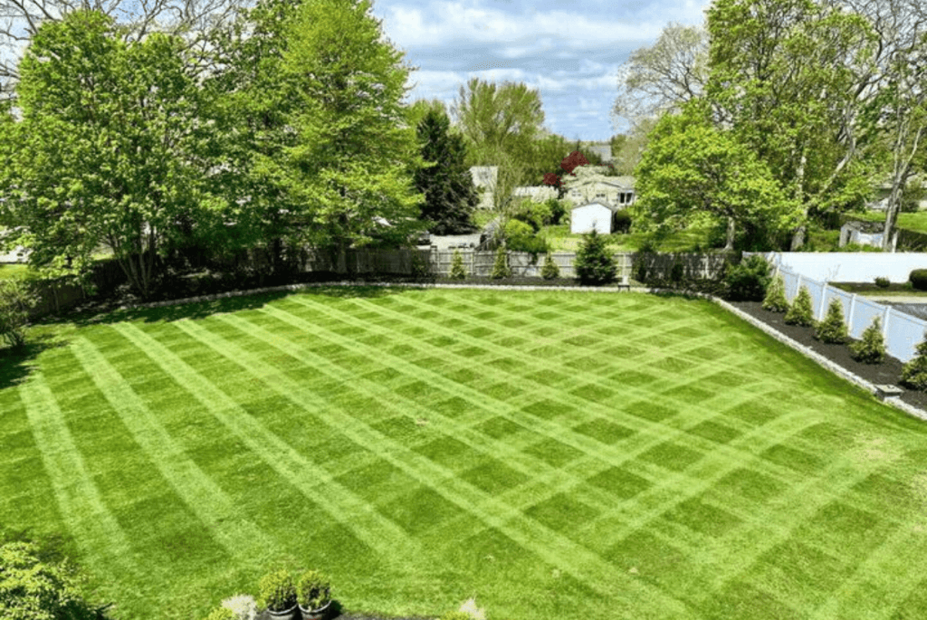 A well-maintained lawn showcasing one of the best mowing patterns, with a checkered design, is surrounded by trees and shrubs under a partly cloudy sky.
