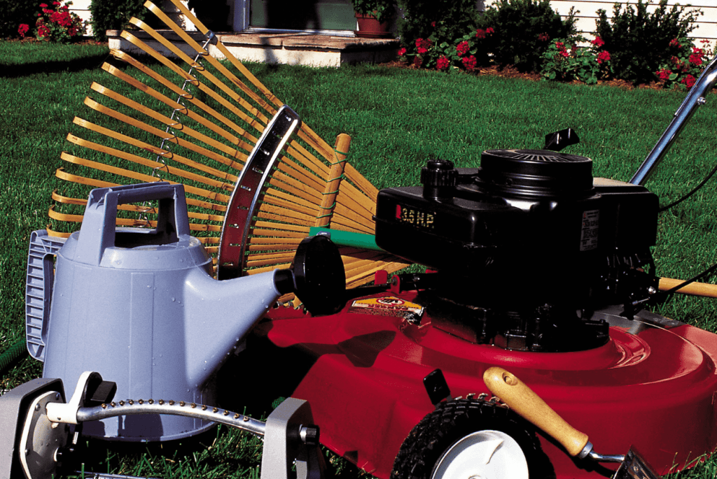 A lawn mower, a blue watering can, a wooden rake, and a garden hose lie ready on the grassy lawn, with flowers blooming in the background—the perfect setup for preparing your lawn for winter.