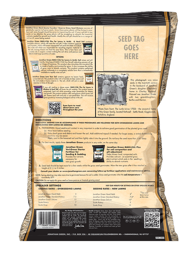 Back of a Black Beauty® Founders Reserve Grass Seed bag with directions, seed varieties, spreader settings, a black-and-white photo of people, and labeled areas for the seed tag and product information.