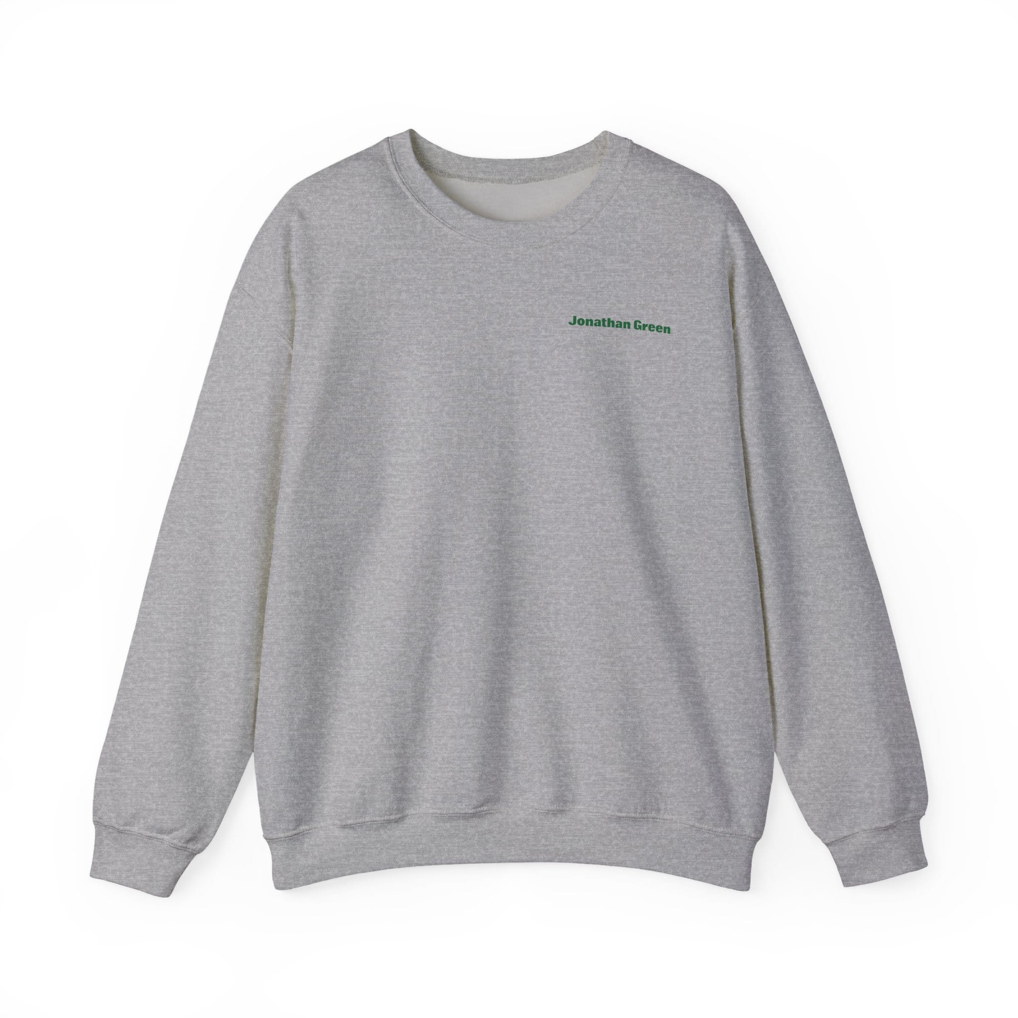 The Sunday Lawn Club Heavy Blend™ Crewneck Sweatshirt is a plain light gray crewneck with "Jonathan Green" embroidered in small green text on the left chest.