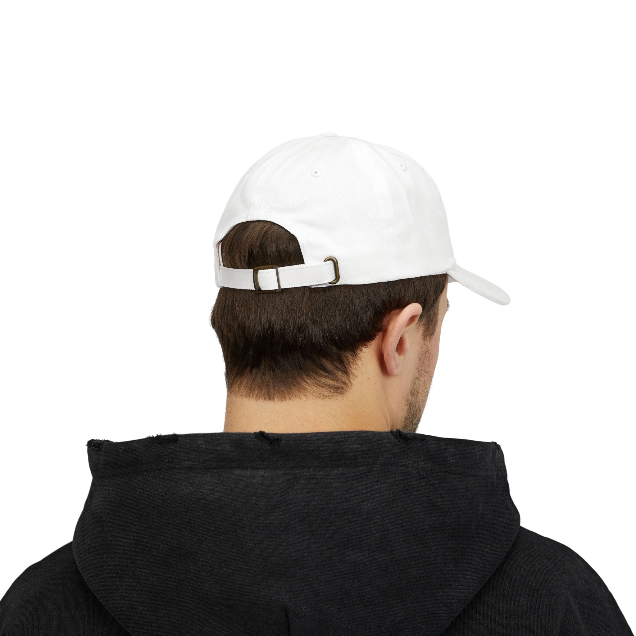 A person is shown from behind wearing a Black Beauty Embroidered Dad Cap and a black jacket.