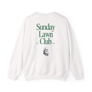 The Sunday Lawn Club Heavy Blend™ Crewneck Sweatshirt features green "Sunday Lawn Club" and "ESTD. 1881" text above a black-and-white illustration of an older man's face on the back.