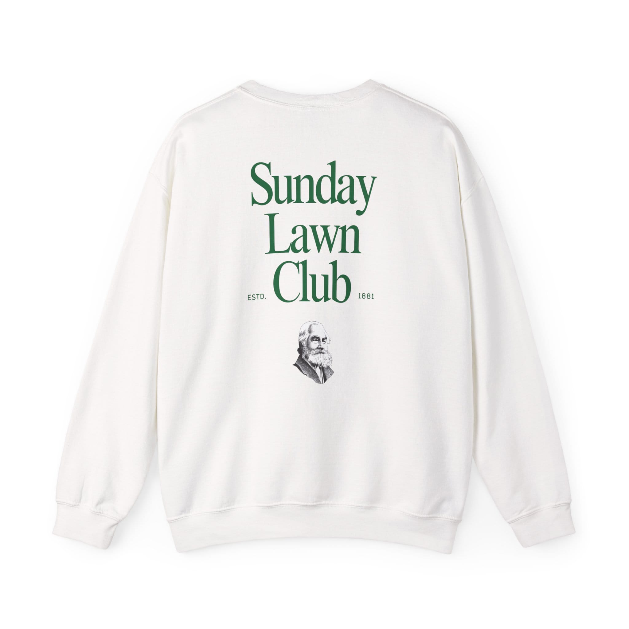 The Sunday Lawn Club Heavy Blend™ Crewneck Sweatshirt features green "Sunday Lawn Club" and "ESTD. 1881" text above a black-and-white illustration of an older man's face on the back.