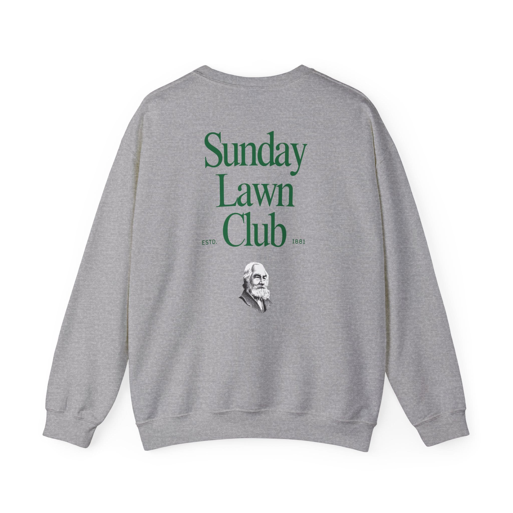 The Sunday Lawn Club Heavy Blend™ Crewneck Sweatshirt features a gray base with green "Sunday Lawn Club" and "ESTD. 1883" text, plus an illustration of an older man’s portrait below the lettering.