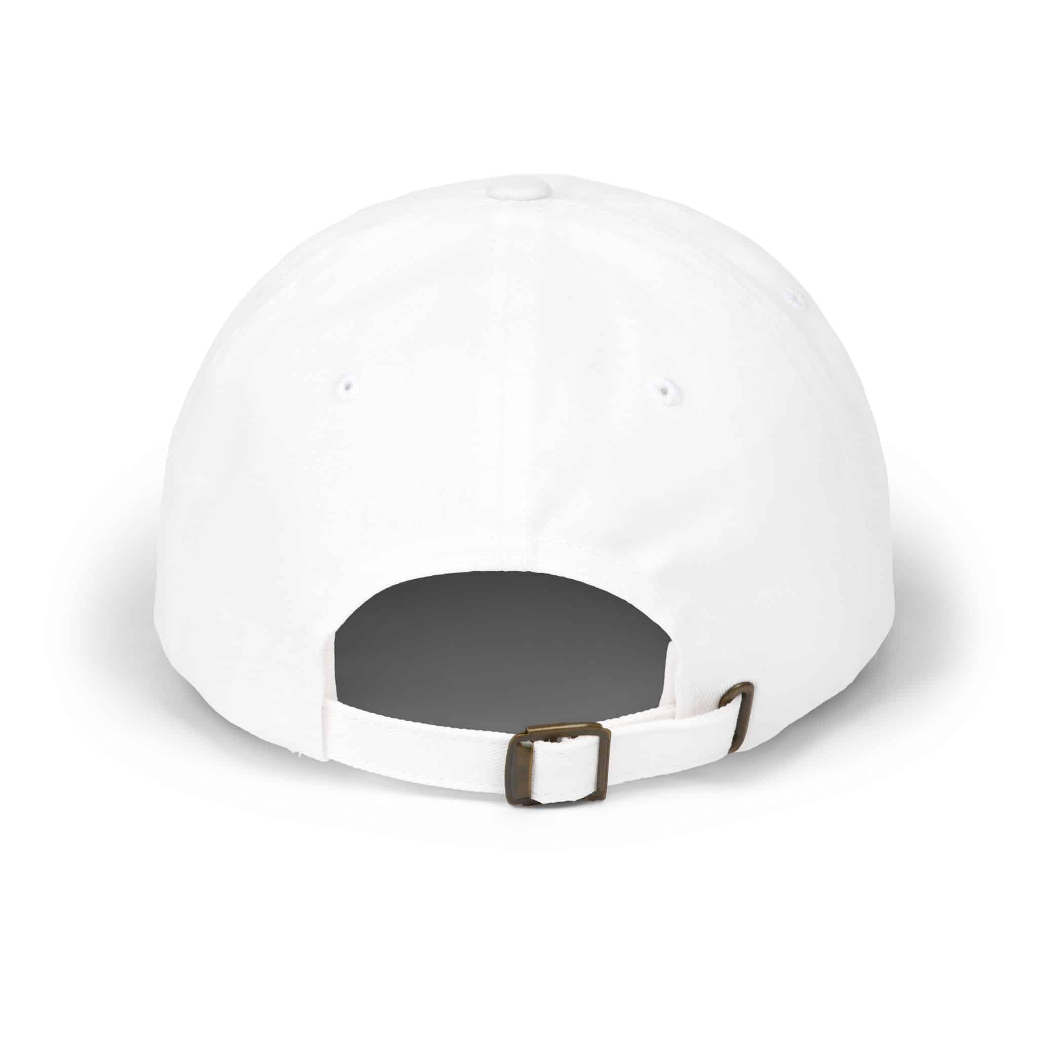 Back view of the Black Beauty Embroidered Dad Cap, featuring a plain design and an adjustable metal buckle strap.