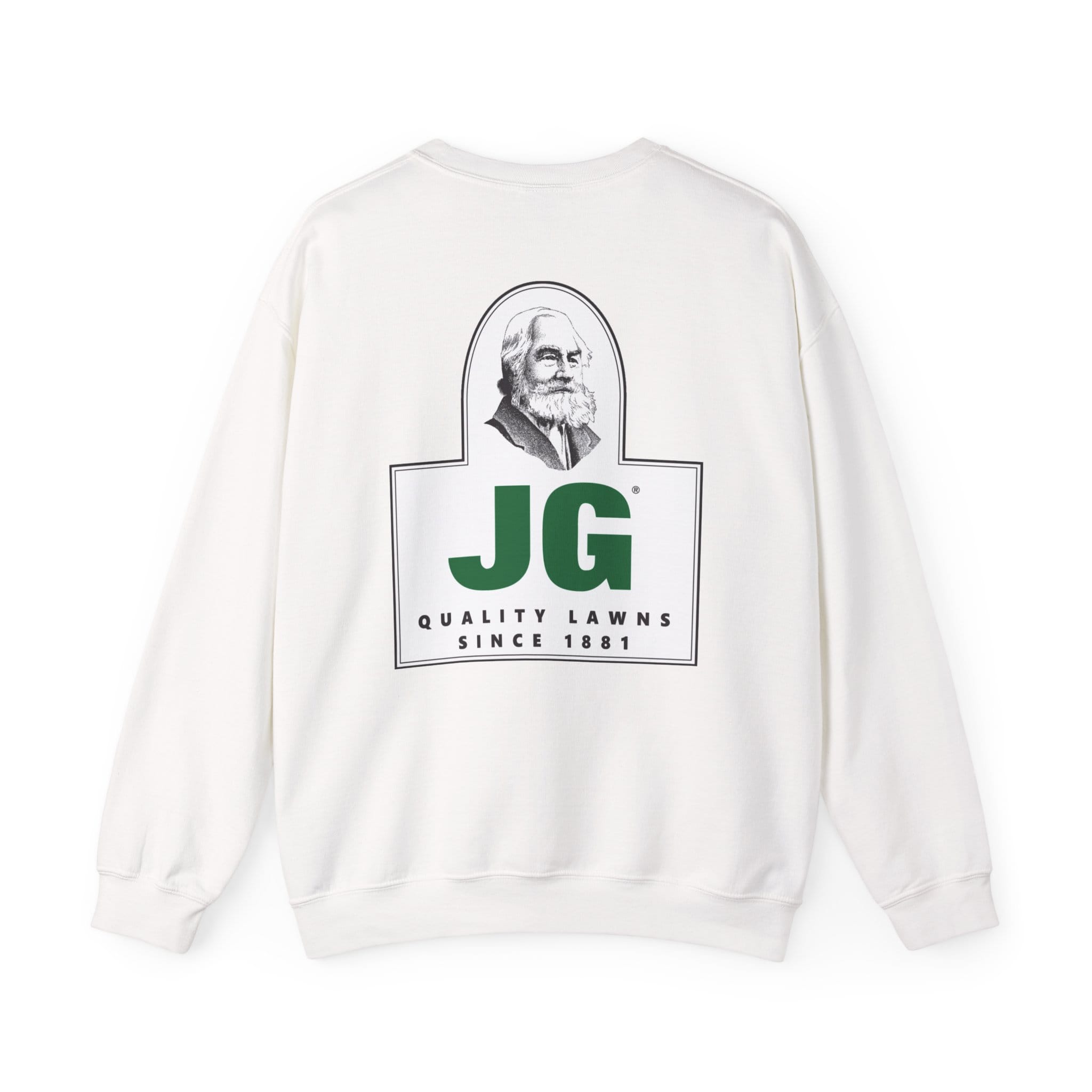 The JG Unisex Heavy Blend™ Crewneck Sweatshirt is a white pullover with a bold back logo: a bearded man's portrait, green "JG" text, and "Quality Lawns Since 1881" beneath.