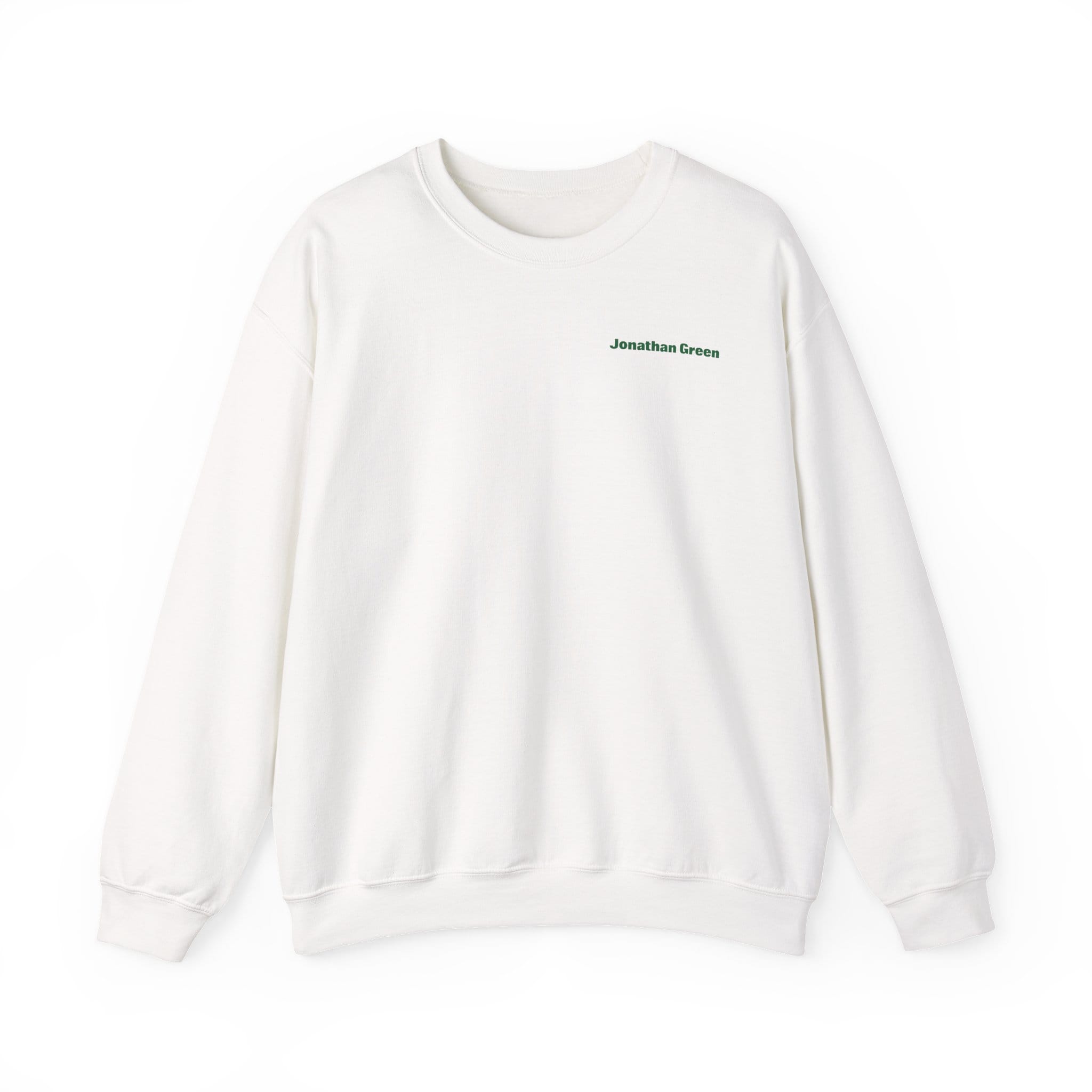 The Sunday Lawn Club Heavy Blend™ Crewneck Sweatshirt is a plain white crewneck featuring "Jonathan Green" in small green text on the left chest.