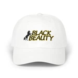 The Black Beauty Embroidered Dad Cap features a white design with a black horse silhouette and "BLACK BEAUTY" embroidered in black and gold on the front.