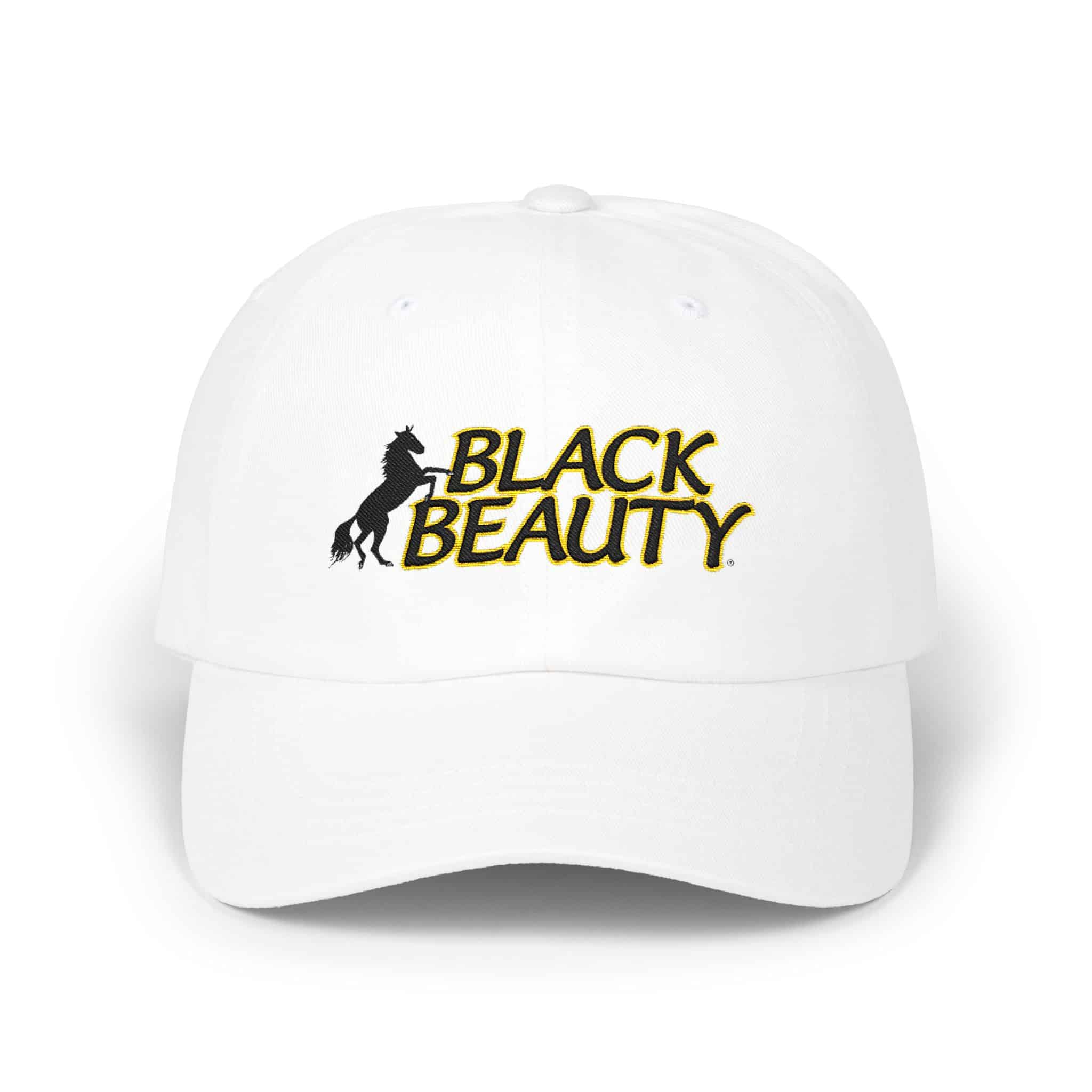 The Black Beauty Embroidered Dad Cap features a white design with a black horse silhouette and "BLACK BEAUTY" embroidered in black and gold on the front.
