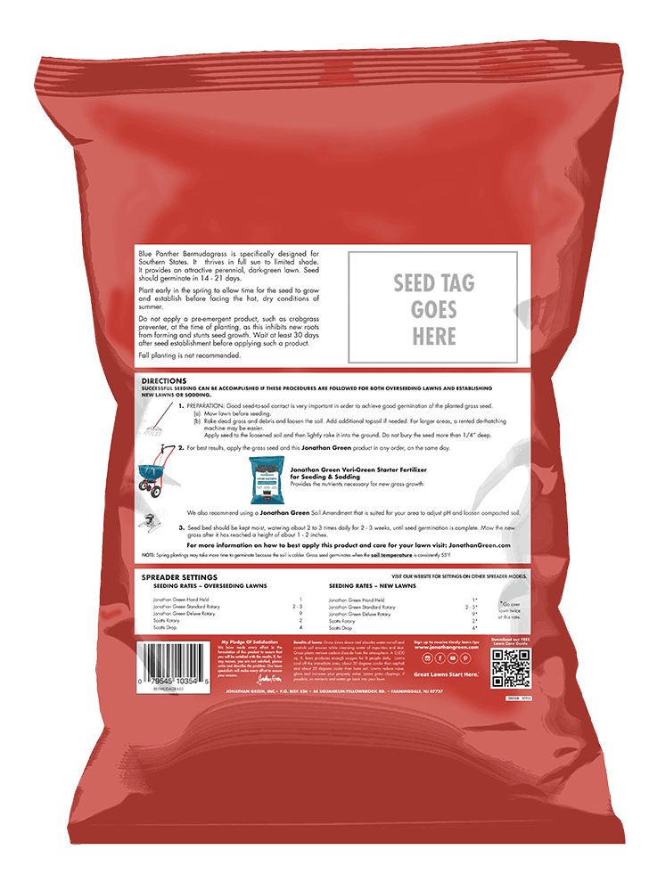 Back of a red Blue Panther® Bermuda Grass Seed bag with a white "SEED TAG GOES HERE" label area; directions, product info, and spreader settings are printed on the lower half.