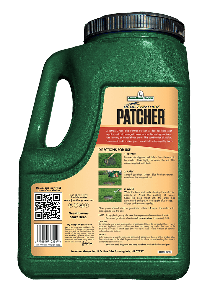 Blue container of Blue Panther® Patcher Southern Lawn Bare Spot Repair with product label, usage directions, and a QR code on the side.