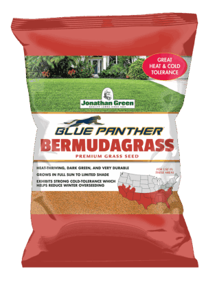 A bag of Blue Panther® Bermuda Grass Seed, a drought-resistant variety, featuring label highlights for heat and cold tolerance, a regional suitability map, and a lawn image in the background.